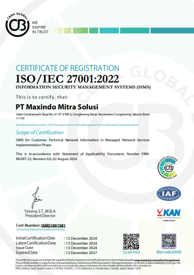 PT Maxindo meraih sertifikasi ISO 27001:2022